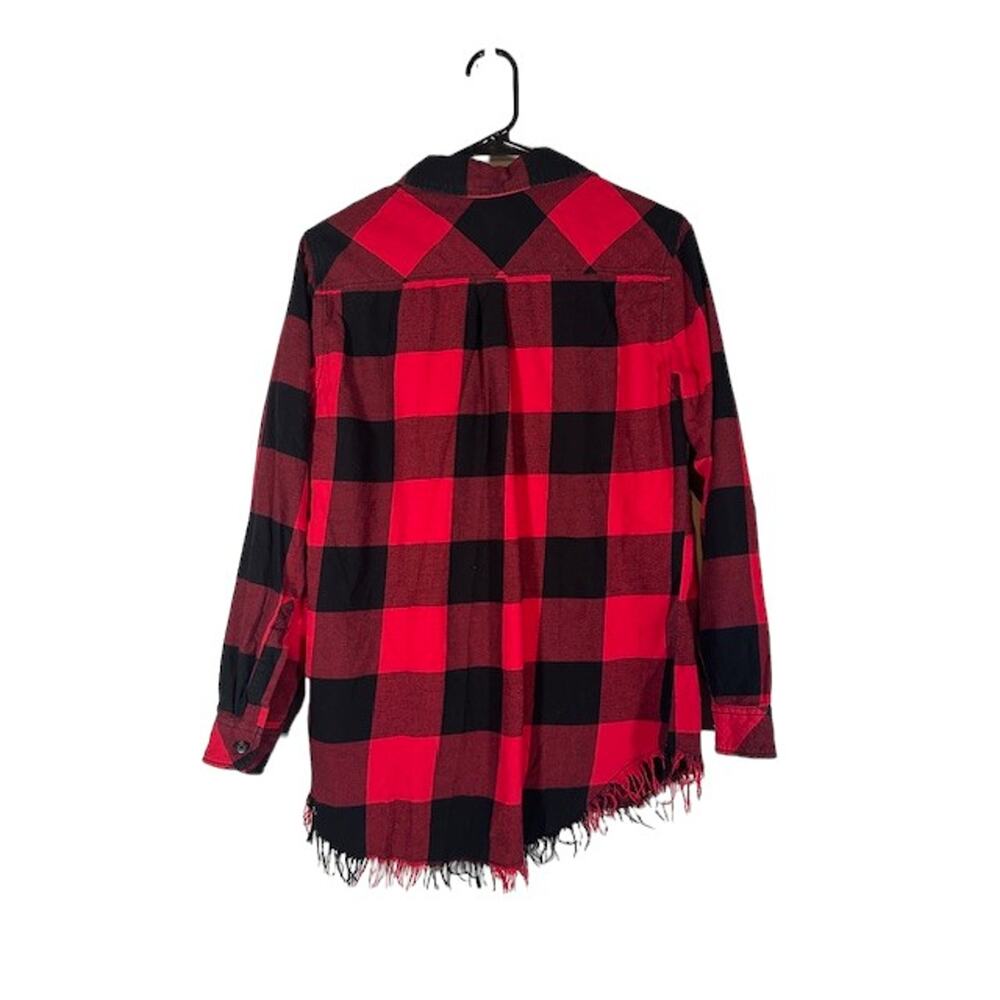 BeachLunchLounge Red Plaid Button Front Shirt Fringe Trim Long Sleeve Women Sz S - Picture 2 of 10